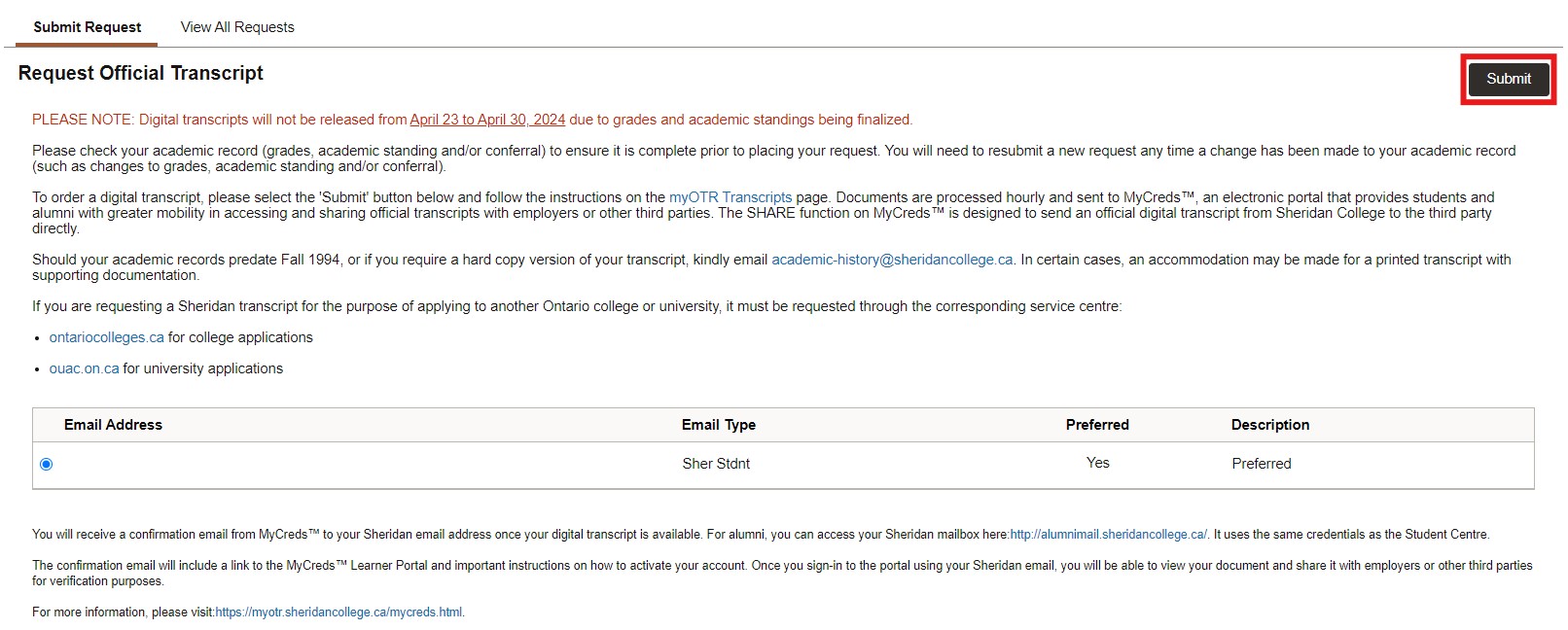 Request Official Transcript submit page