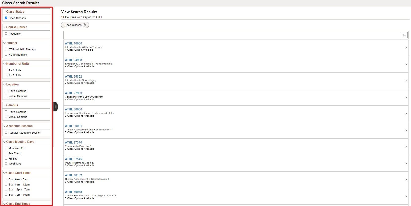 narrow search for classes