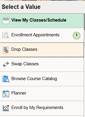 drop classes button in menu