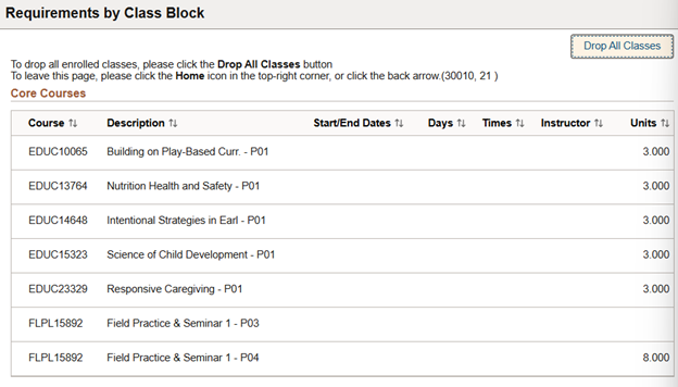 drop all classes on the top right hand side