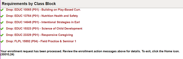 checkmarks beside all succesfully dropped courses in the block