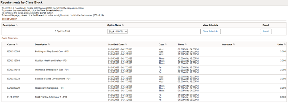 block semester courses list