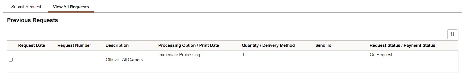Transcript view status of request page